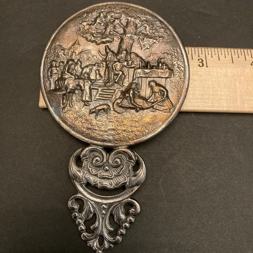 Hans Jensen‎ Denmark Silver Plated Hand Mirror Healer Scene Repousse